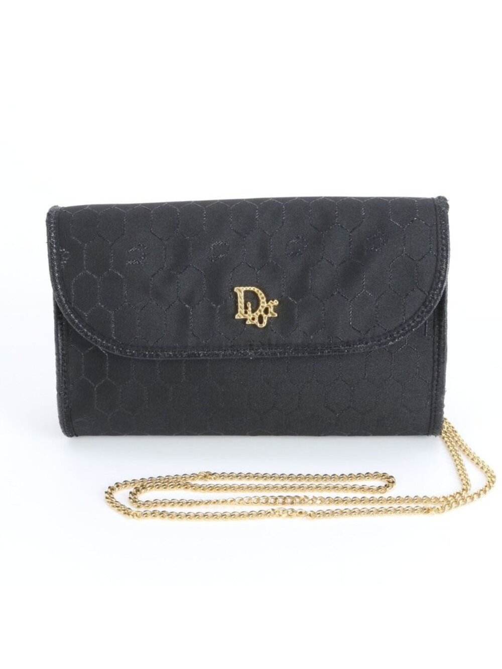 Dior Honeycomb Pattern Chain Leather Nylon Shoulder Bag Crossbody Black Gold